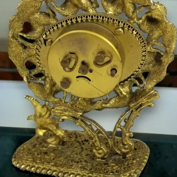 German Ormolu Table Alarm Clock Rare "Florn" Wind Up 24k Gold Gilt Ornate Crest - Picture 2 of 11